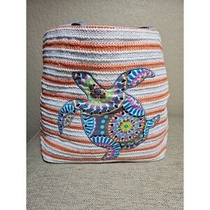 Vera Bradley Sunny Medallion Turtle  Orange Stripe Straw Tote Beach Bag NWOT